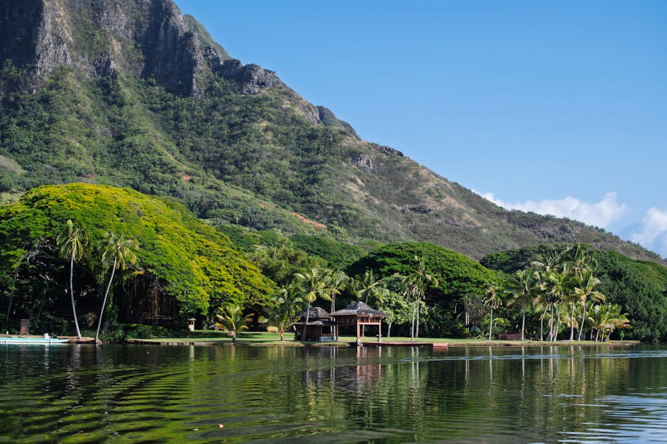 Scenic view of a tropical landscape with mountains, lush greenery, and a tranquil lake under a clear blue sky.