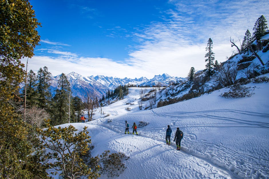 Group of hikers trekking through snowy Himalayan landscape under clear blue sky.