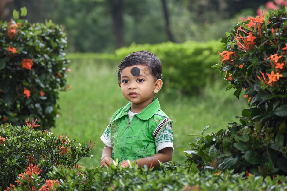 A child in a green shirt stands amidst lush greenery and flowers in a park setting.